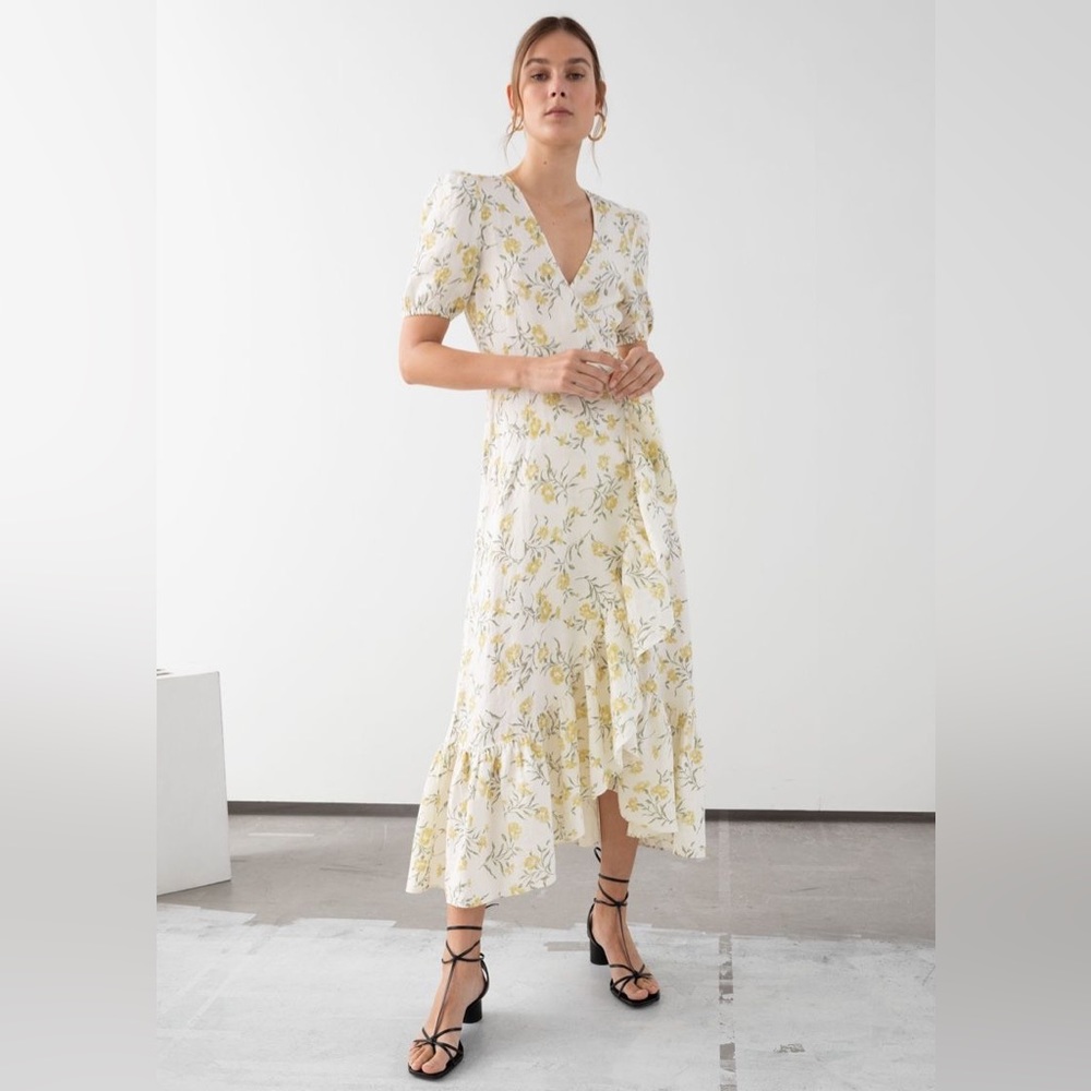 & Other Stories | Ruffled Linen Wrap Midi Dress Floral Print 6